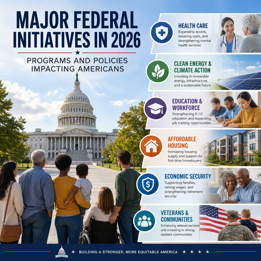 Major federal initiatives icons for healthcare, clean energy, education, housing, economic security, and veterans’ support