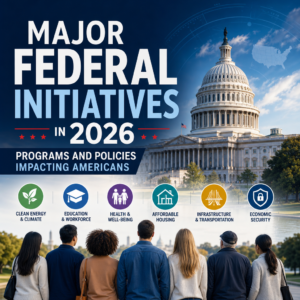Infographic on major federal initiatives in 2026 covering clean energy, education, health, housing, and infrastructure.