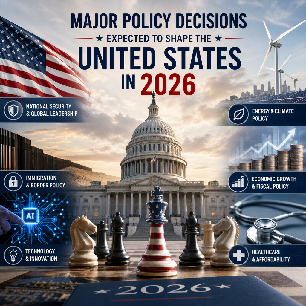 Infographic of U.S. policy decisions shaping 2026: security, energy, immigration, economy, technology, and healthcare