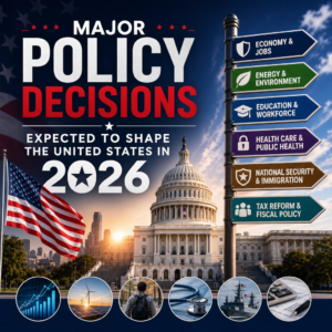 Icons representing economy, environment, education, healthcare, national security, and tax reform for 2026 policy decisions