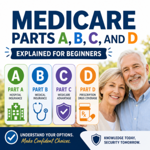 Illustration of Medicare Parts A, B, C, and D with coverage icons and beginner-friendly labels