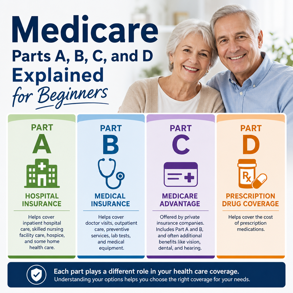 Illustration of Medicare Parts A, B, C, and D with coverage icons and beginner-friendly labels.