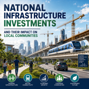 Modern urban infrastructure with trains, cranes, and community members at a development site