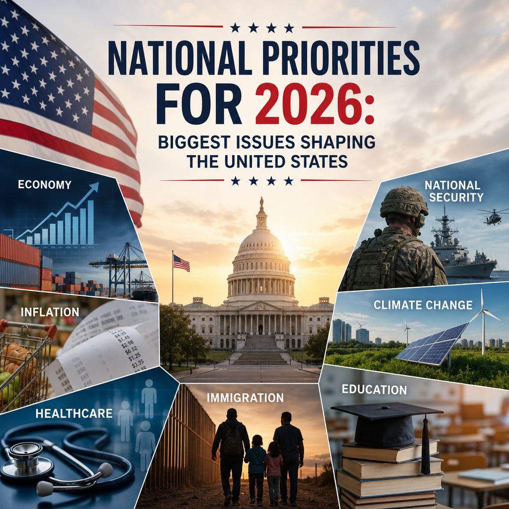 Infographic of U.S. national priorities for 2026: economy, inflation, health care, immigration, security, climate, education