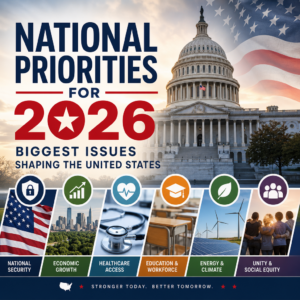 Infographic on U.S. national priorities for 2026: security, economy, health care, education, climate, and equity