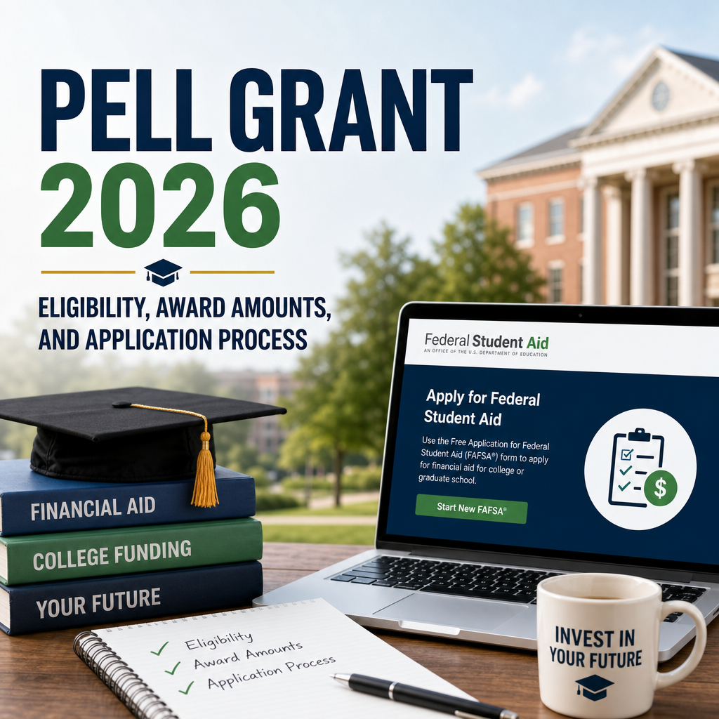 Pell Grant 2026 guide with FAFSA form, eligibility, award amount, and student aid icons
