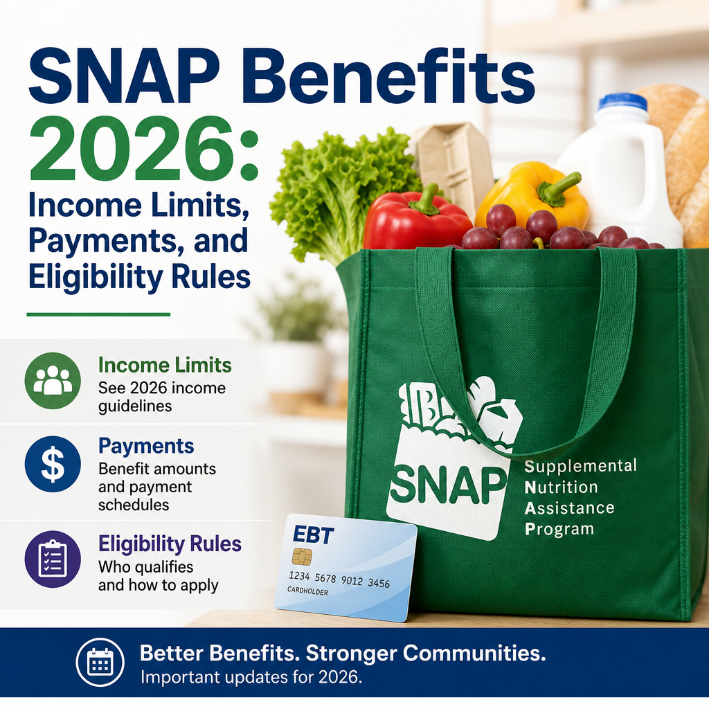 SNAP benefits 2026 guide with grocery bag, income limits, payments, and eligibility rules text