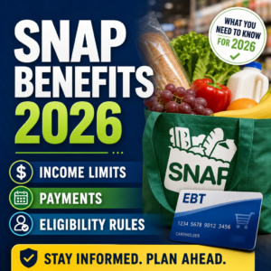 SNAP benefits 2026 guide with income limits, payment amounts, and eligibility rules infographic