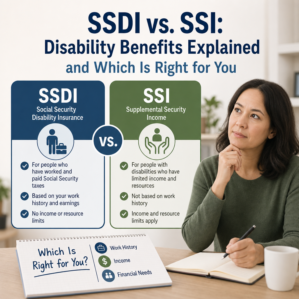 Infographic comparing SSDI and SSI disability benefits, showing work history versus financial need.