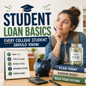 College student reviewing student loan basics with charts on interest rates, repayment, and borrowing tips