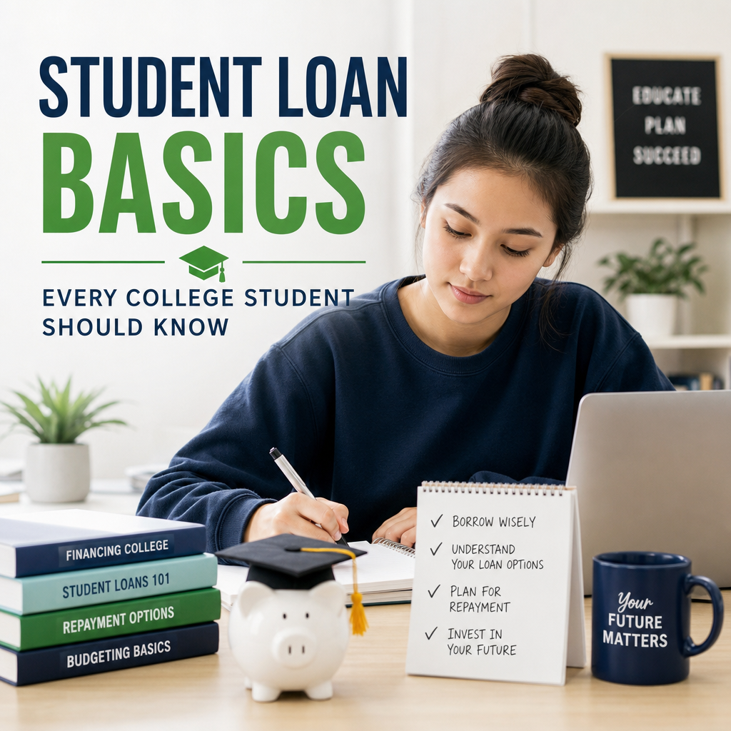 College student reviewing student loan basics with a calculator, notebook, and financial planning notes