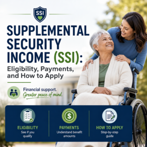 Illustration of Supplemental Security Income (SSI) eligibility, payments, and application steps