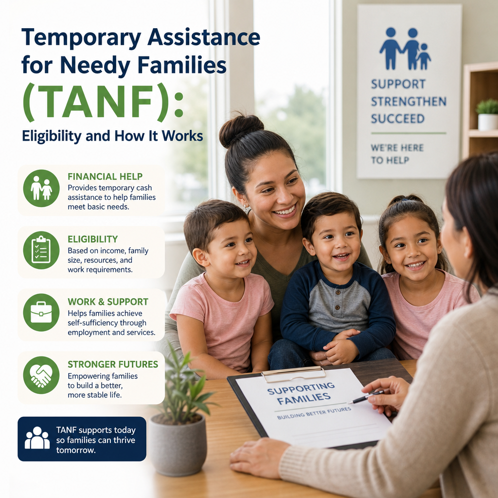 Infographic explaining TANF eligibility, benefits, and support services for needy families