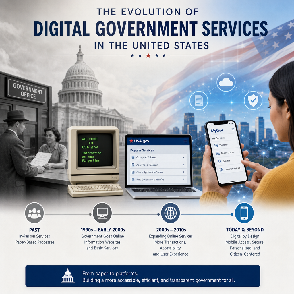 Timeline of digital government services in the U.S., from paper forms to mobile platforms