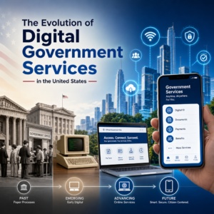Timeline of U.S. digital government services evolving from paper forms to secure online platforms