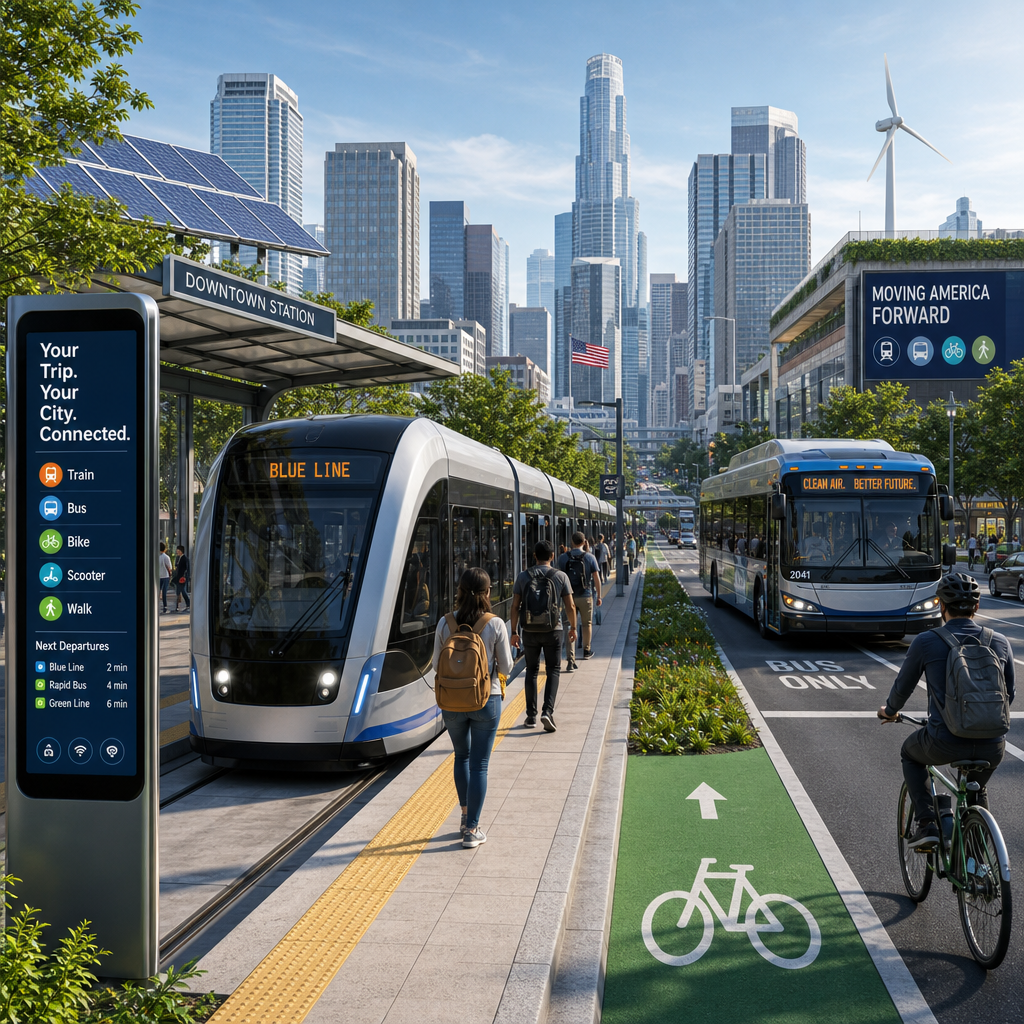 Modern city public transportation with light rail, electric bus, solar panels, and bike lanes