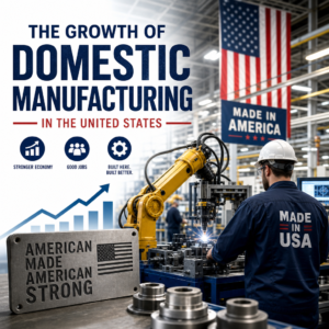 Worker operating robotic machinery in a modern U.S. factory, illustrating domestic manufacturing growth