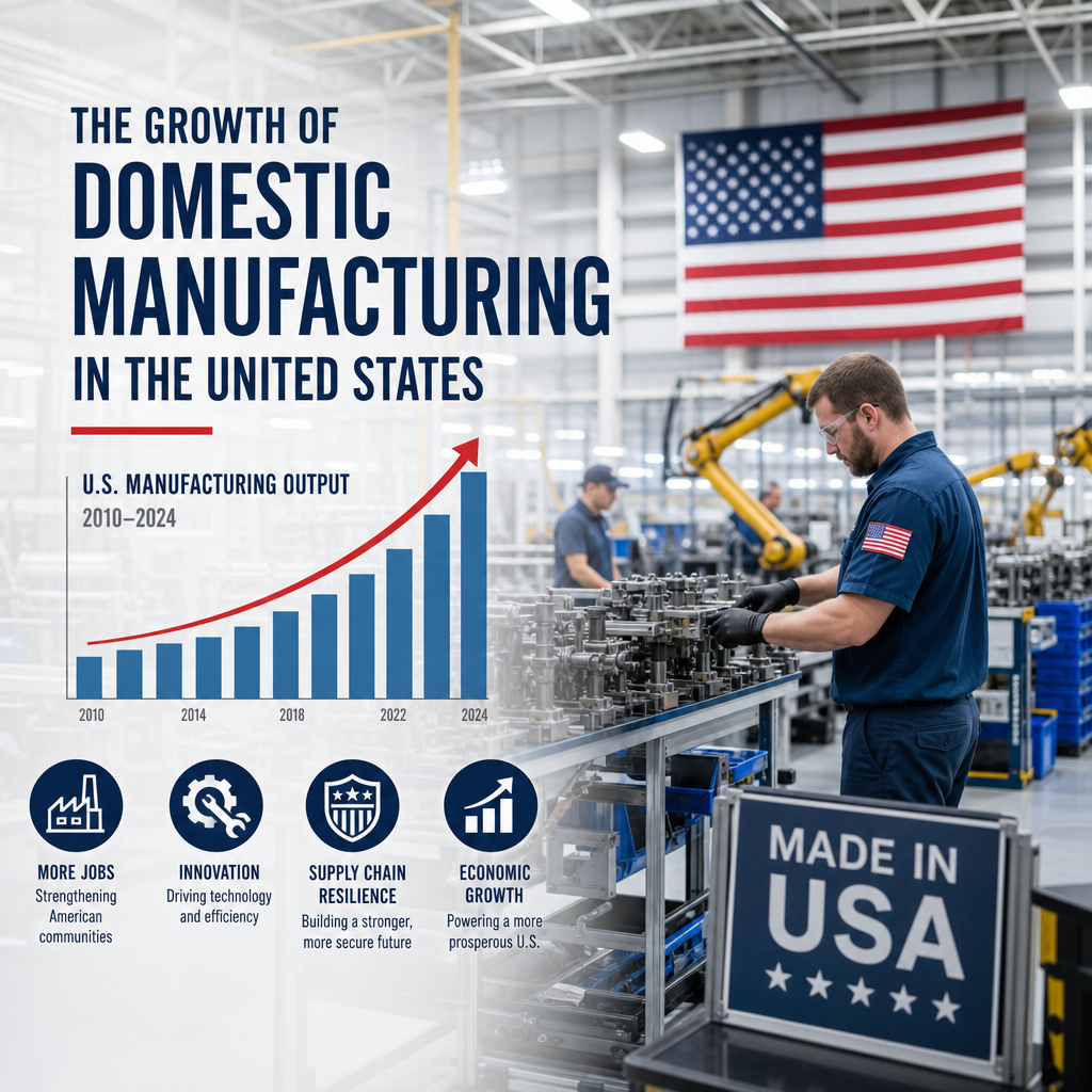 Infographic showing U.S. domestic manufacturing growth, with more jobs, innovation, resilient supply chains, and economic gro