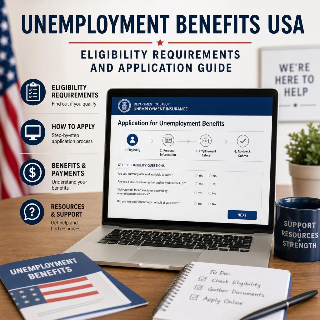 Unemployment benefits guide with eligibility checklist, application form, and support resources for the USA