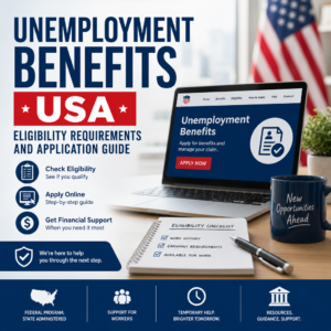 USA unemployment benefits guide with eligibility checklist, application form, and financial support icons