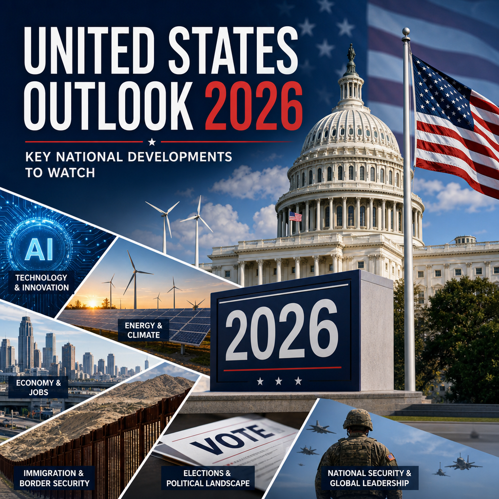 United States 2026 outlook showing AI, energy, economy, immigration, elections, and national security trends.