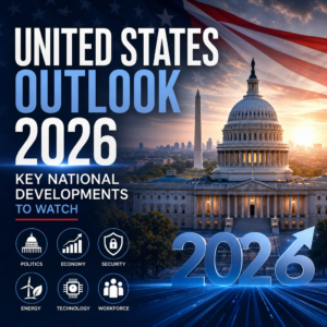 Infographic on U.S. outlook 2026 covering politics, economy, security, energy, technology, and workforce