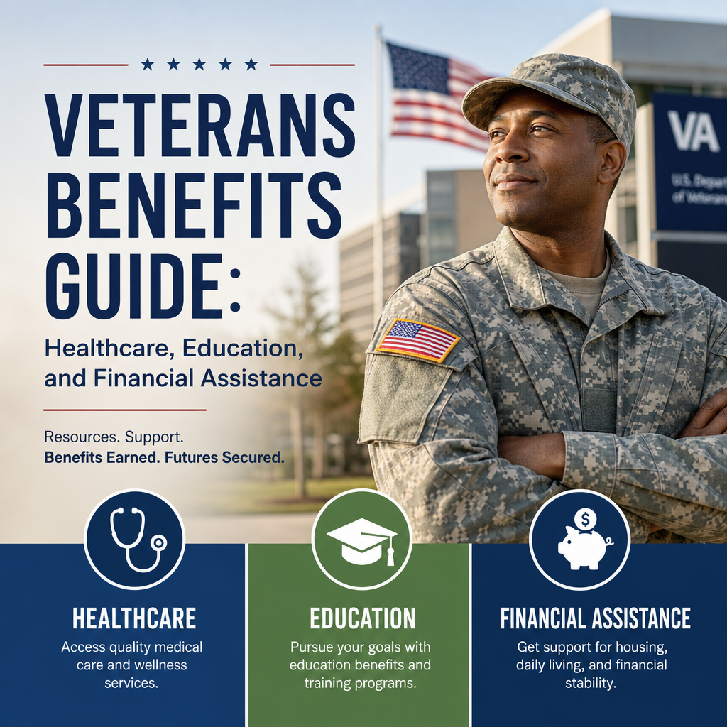 Veterans benefits guide with healthcare, education, and financial assistance resources for veterans