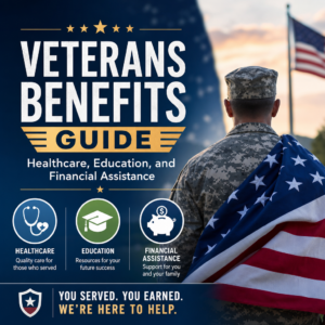Veterans benefits guide showing healthcare, education, and financial assistance for service members
