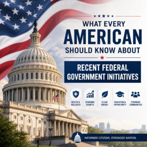 Illustration of federal government initiatives in health, economy, energy, education, and community support