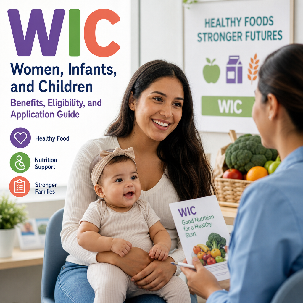 Illustration of WIC benefits: healthy foods, nutrition guidance, and breastfeeding support for women, infants, and children